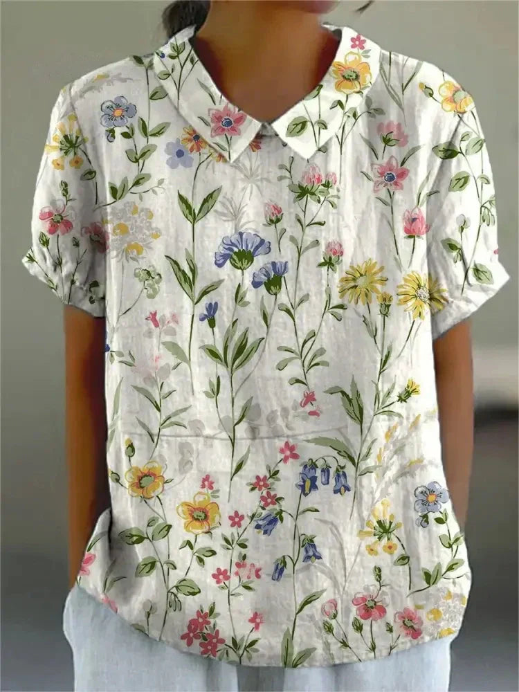SUENTA Solene | Damen Sommer Blumendruck Hemd – Luxus Printbluse Elegant & Florale Sommerbluse Weiß