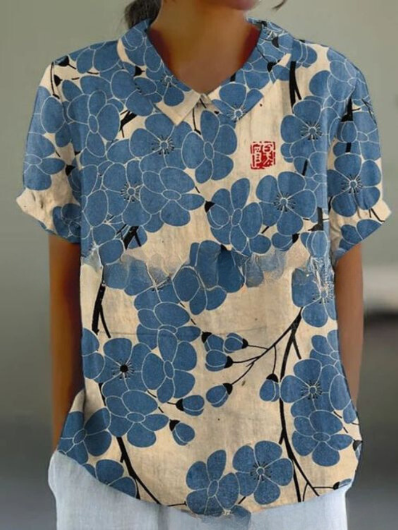 SUENTA Solene | Damen Sommer Blumendruck Hemd – Luxus Printbluse Elegant & Florale Sommerbluse Dunkelblau