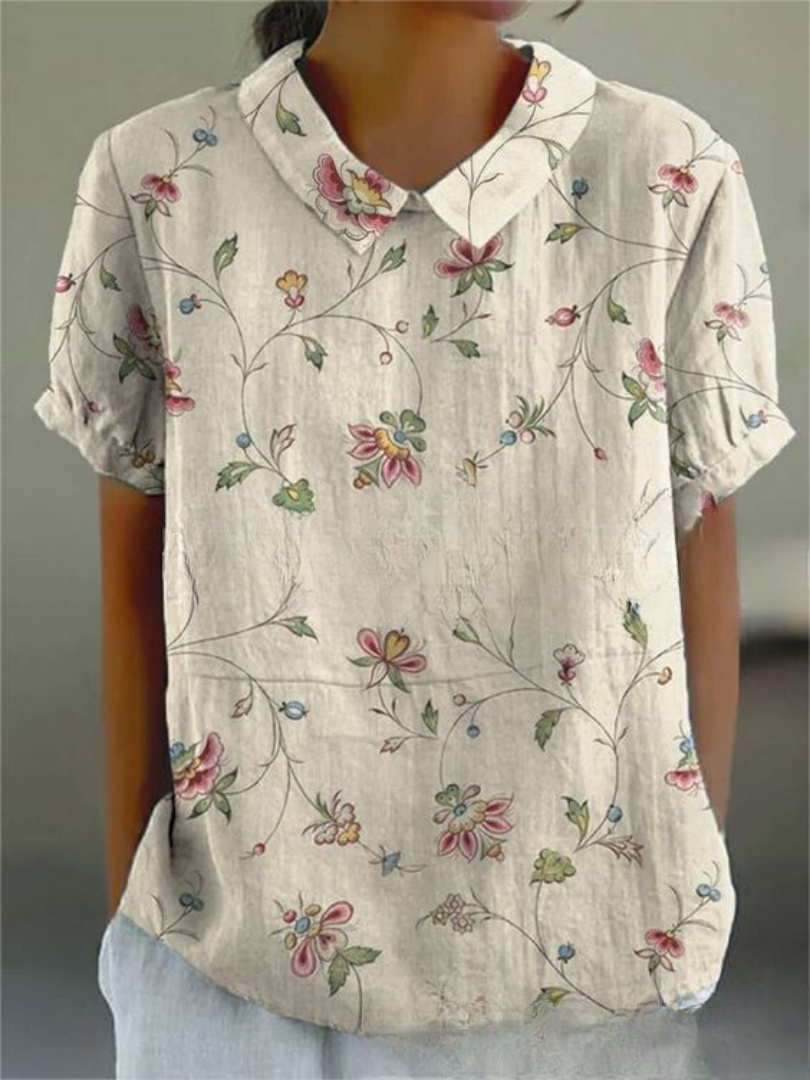 SUENTA Solene | Damen Sommer Blumendruck Hemd – Luxus Printbluse Elegant & Florale Sommerbluse Beige