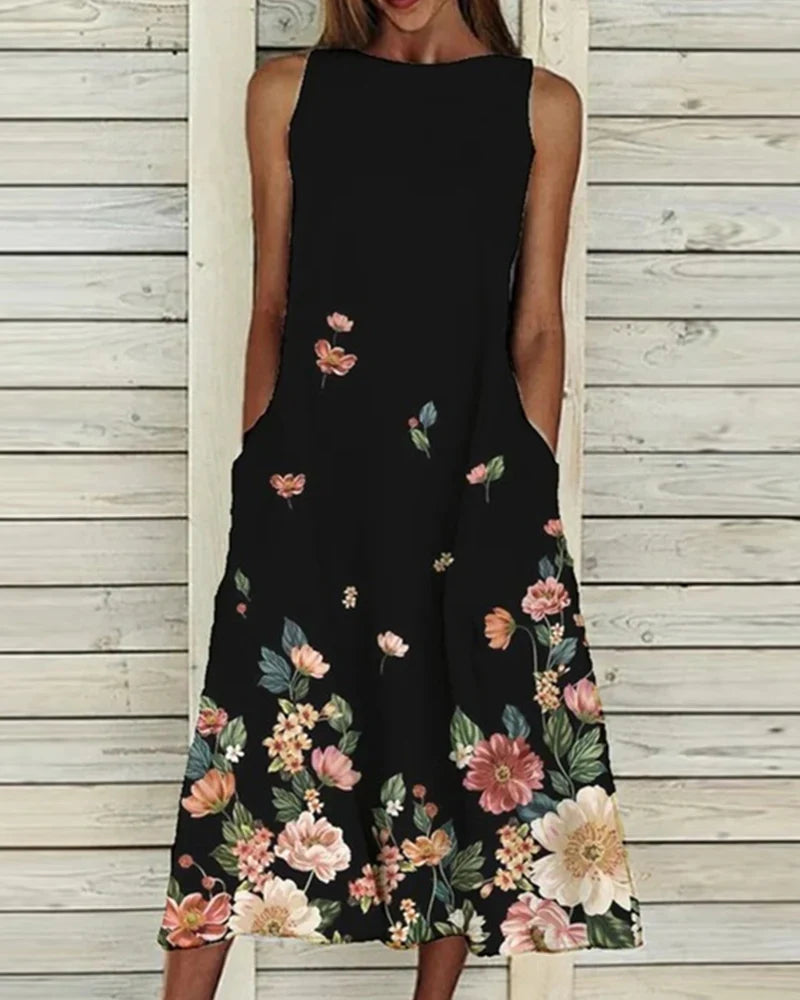 SUENTA Velvet | Damen Sommerkleid – Florales Muster & Eleganter Midi-Look Schwarz