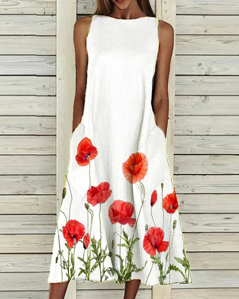 SUENTA Velvet | Damen Sommerkleid – Florales Muster & Eleganter Midi-Look Rot