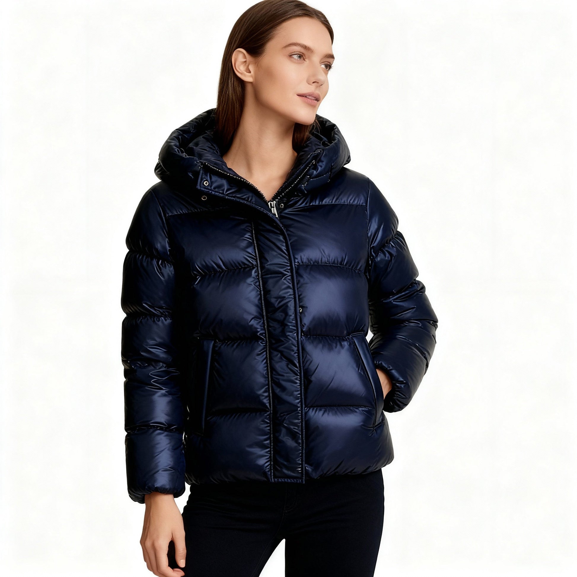SUENTA Damen Kurze Steppjacke Mit Kapuze Glanz-Optik Hoher Stehkragen Dunkelblau
