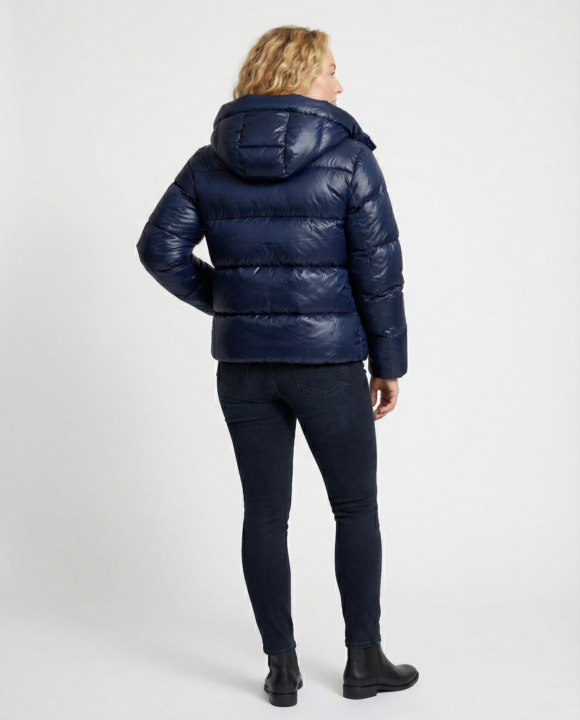 SUENTA Damen Kurze Steppjacke Mit Kapuze Glanz-Optik Hoher Stehkragen
