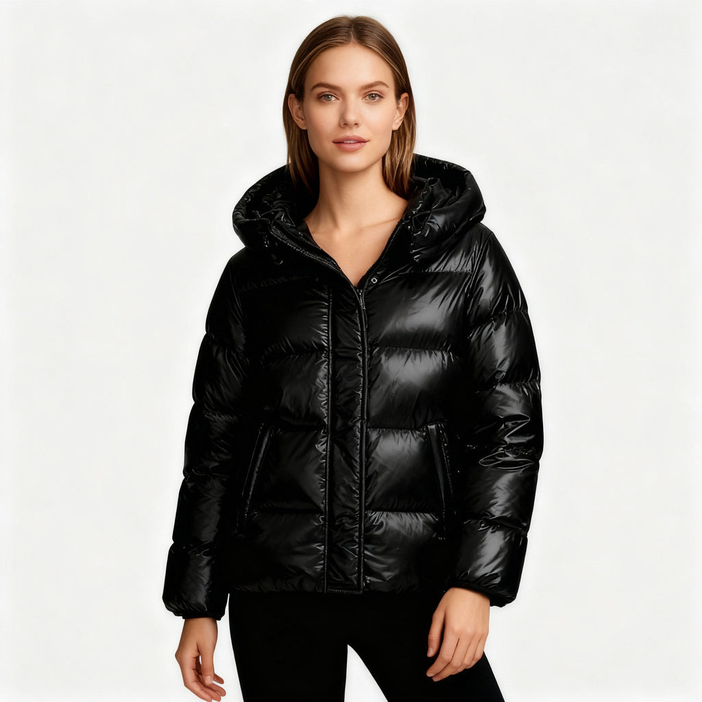SUENTA Damen Kurze Steppjacke Mit Kapuze Glanz-Optik Hoher Stehkragen Schwarz