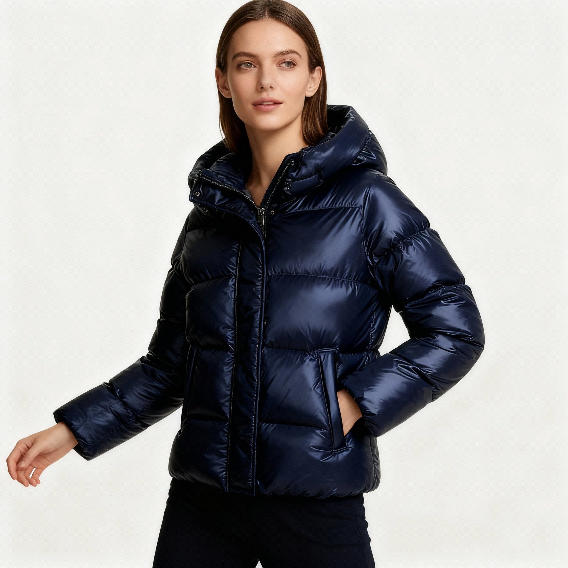 SUENTA Damen Kurze Steppjacke Mit Kapuze Glanz-Optik Hoher Stehkragen