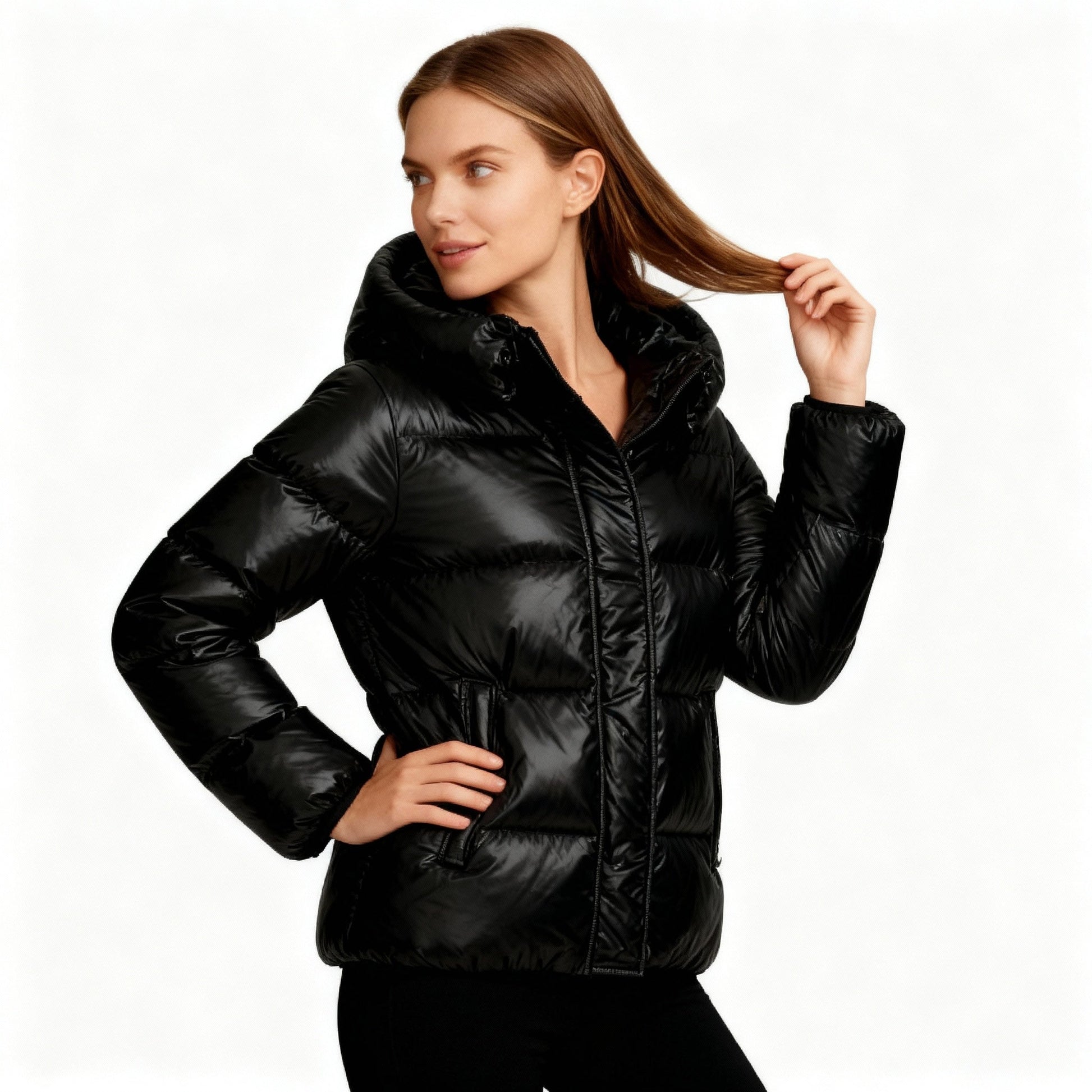 SUENTA Damen Kurze Steppjacke Mit Kapuze Glanz-Optik Hoher Stehkragen