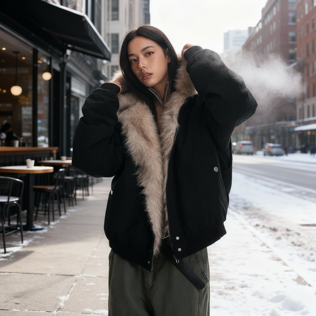 SUENTA Damen Thermo Winterjacke Abnehmbarer Kapuze Fellkragen Wasserabweisendem Schwarz