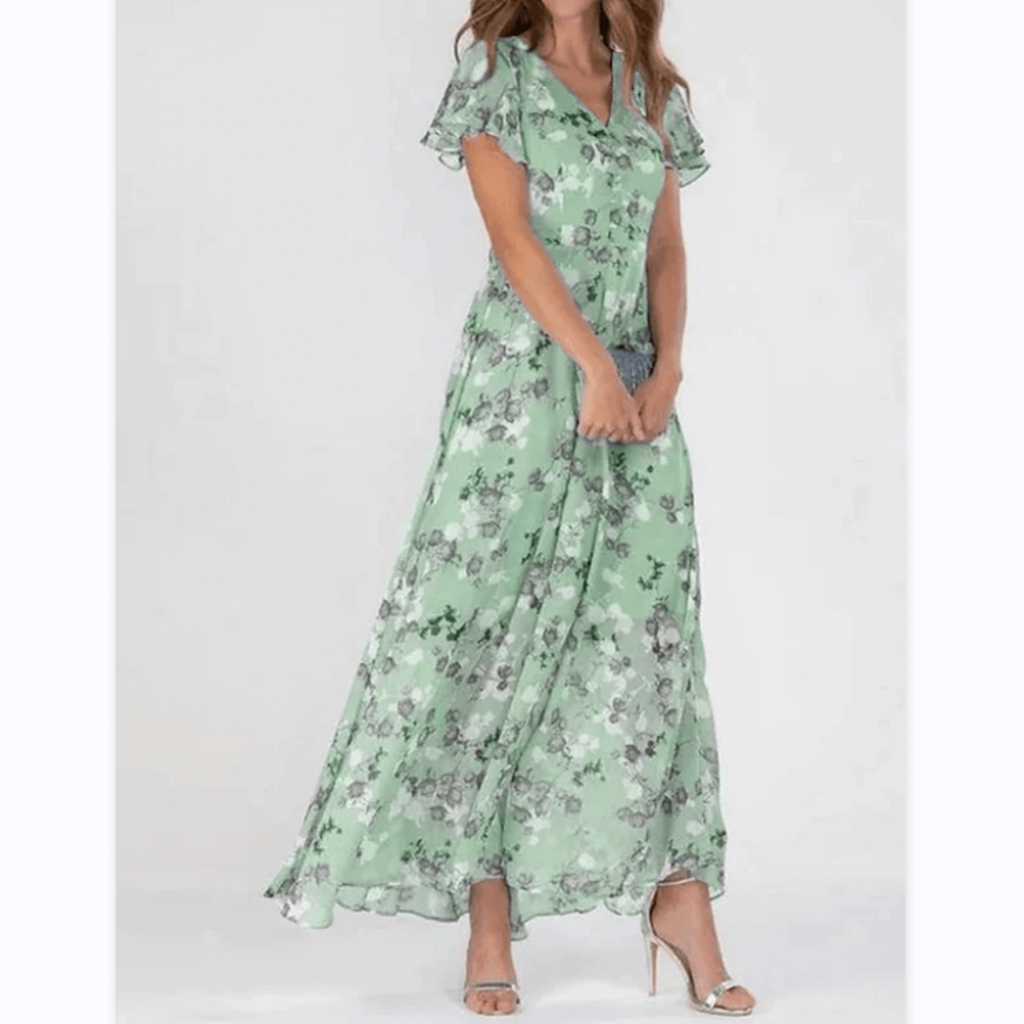 SUENTA Vena | Damen V-Ausschnitt Maxikleid – Exklusiver Blumendruck & Fließende Länge Grün