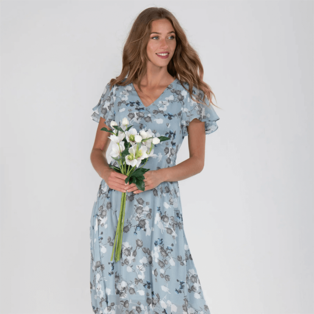 SUENTA Vena | Damen V-Ausschnitt Maxikleid – Exklusiver Blumendruck & Fließende Länge