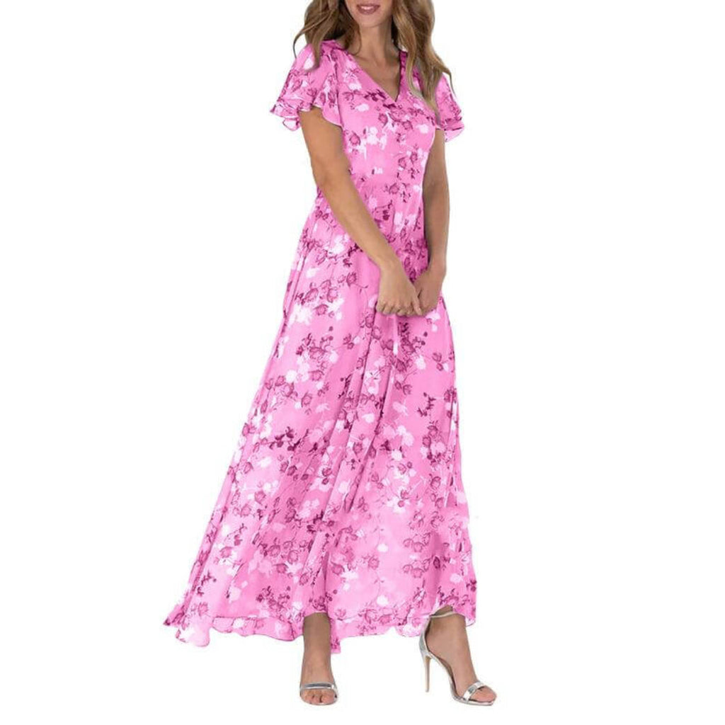 SUENTA Vena | Damen V-Ausschnitt Maxikleid – Exklusiver Blumendruck & Fließende Länge Rosa