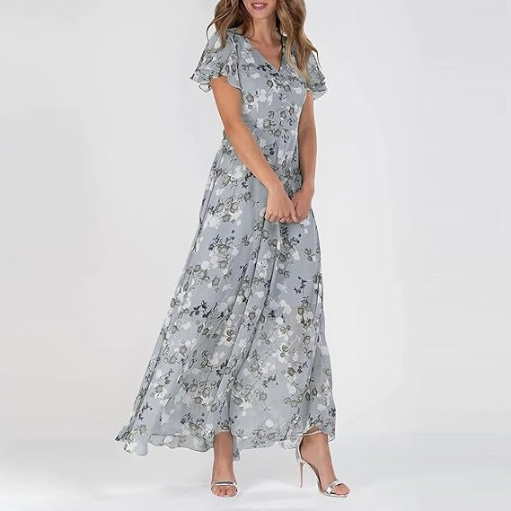 SUENTA Vena | Damen V-Ausschnitt Maxikleid – Exklusiver Blumendruck & Fließende Länge Dunkelblau
