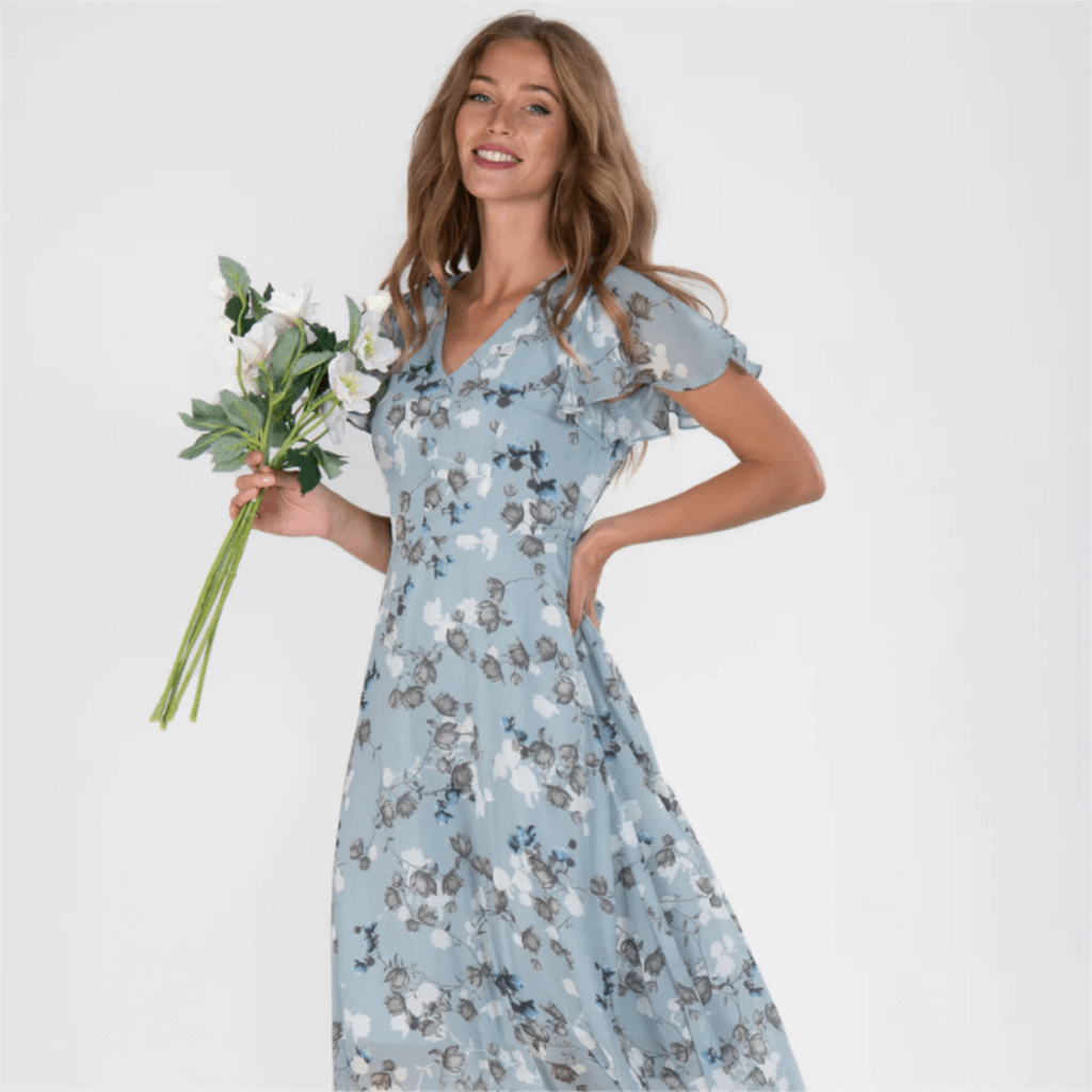 SUENTA Vena | Damen V-Ausschnitt Maxikleid – Exklusiver Blumendruck & Fließende Länge