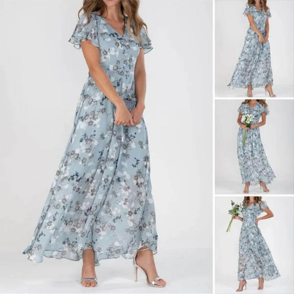 SUENTA Vena | Damen V-Ausschnitt Maxikleid – Exklusiver Blumendruck & Fließende Länge