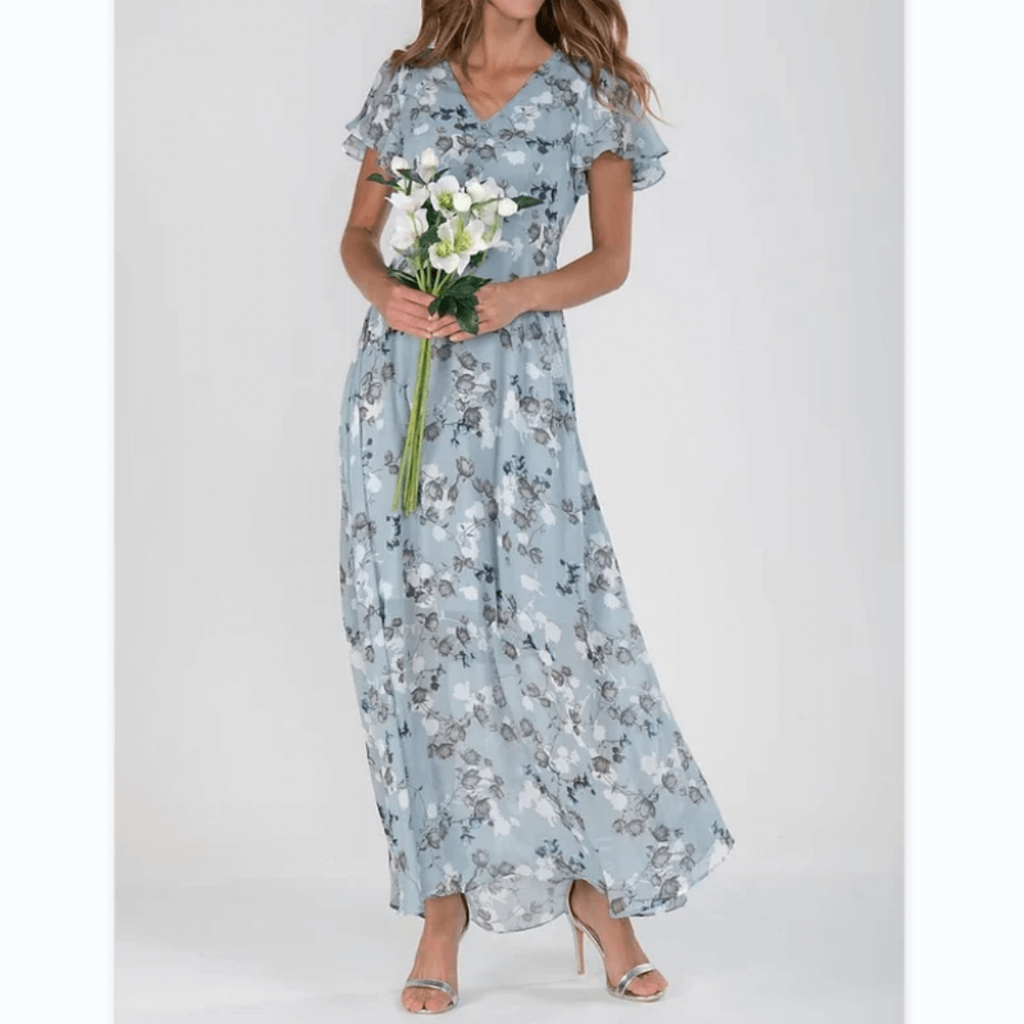SUENTA Vena | Damen V-Ausschnitt Maxikleid – Exklusiver Blumendruck & Fließende Länge