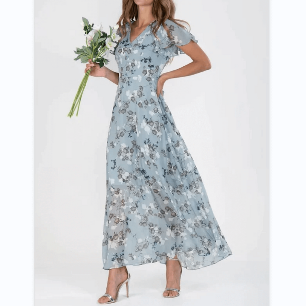 SUENTA Vena | Damen V-Ausschnitt Maxikleid – Exklusiver Blumendruck & Fließende Länge