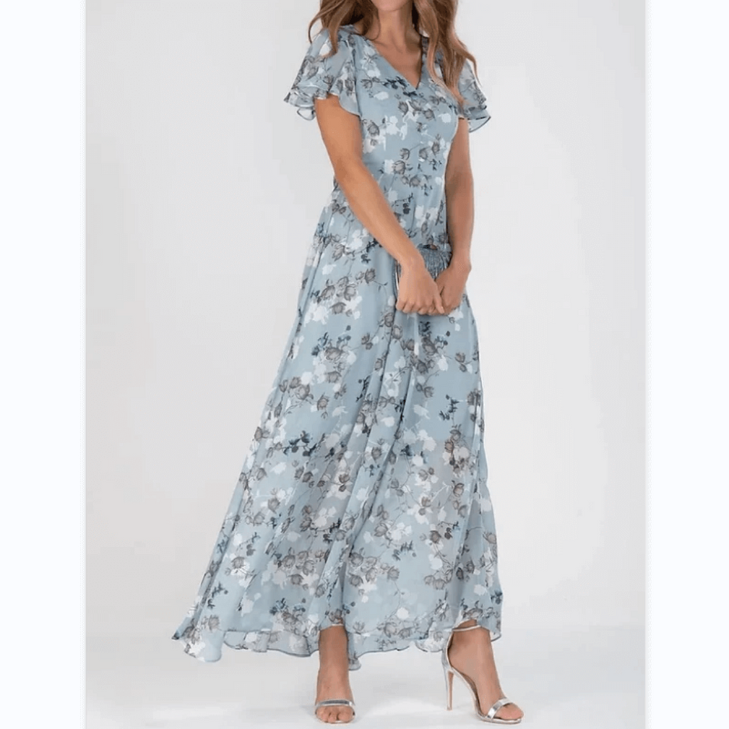 SUENTA Vena | Damen V-Ausschnitt Maxikleid – Exklusiver Blumendruck & Fließende Länge