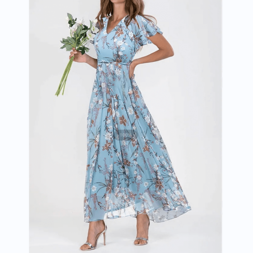 SUENTA Vena | Damen V-Ausschnitt Maxikleid – Exklusiver Blumendruck & Fließende Länge