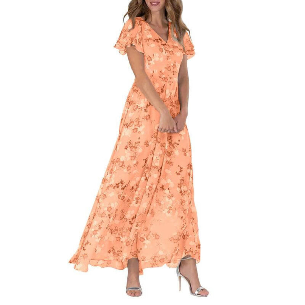 SUENTA Vena | Damen V-Ausschnitt Maxikleid – Exklusiver Blumendruck & Fließende Länge Orange