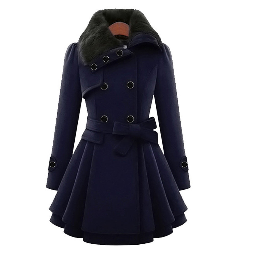 SUENTA Damen Winterjacke Mit Gürtel & Fellfutter Warm Taillierte Eleganz Blau