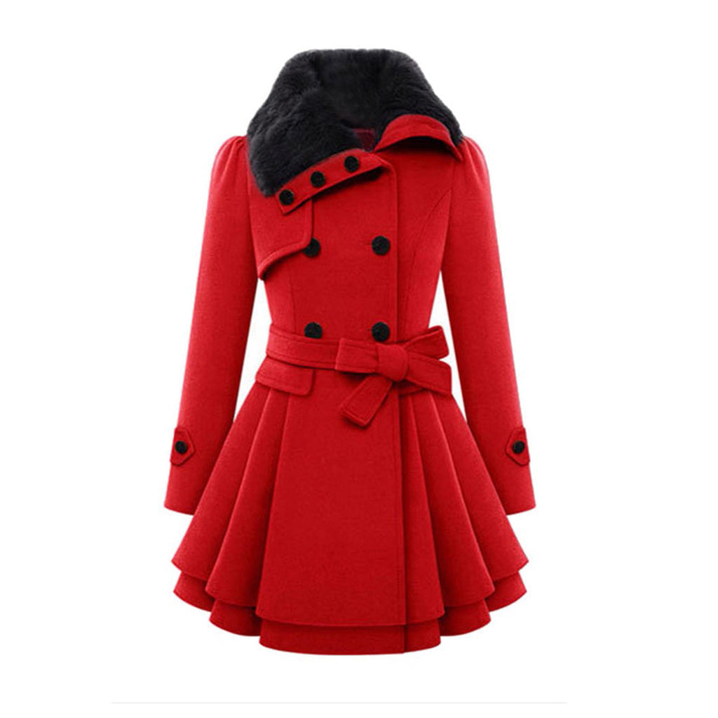 SUENTA Damen Winterjacke Mit Gürtel & Fellfutter Warm Taillierte Eleganz Rot