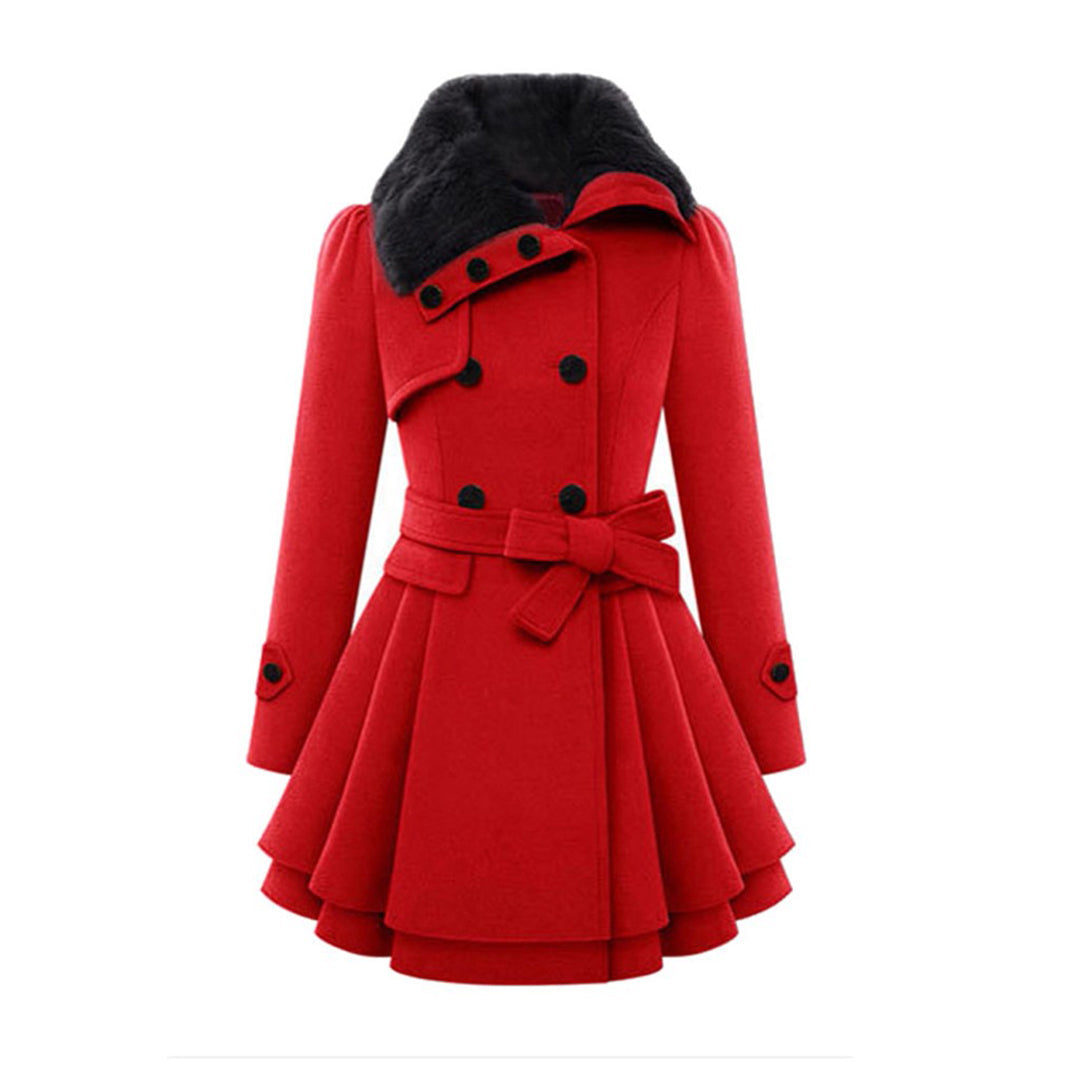 SUENTA Damen Winterjacke Mit Gürtel & Fellfutter Warm Taillierte Eleganz Rot