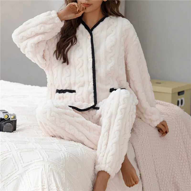 SUENTA Zweiteiliges Pyjama Set Mit Knopfleiste Strukturierte Oberfläche Schwarz Weiß