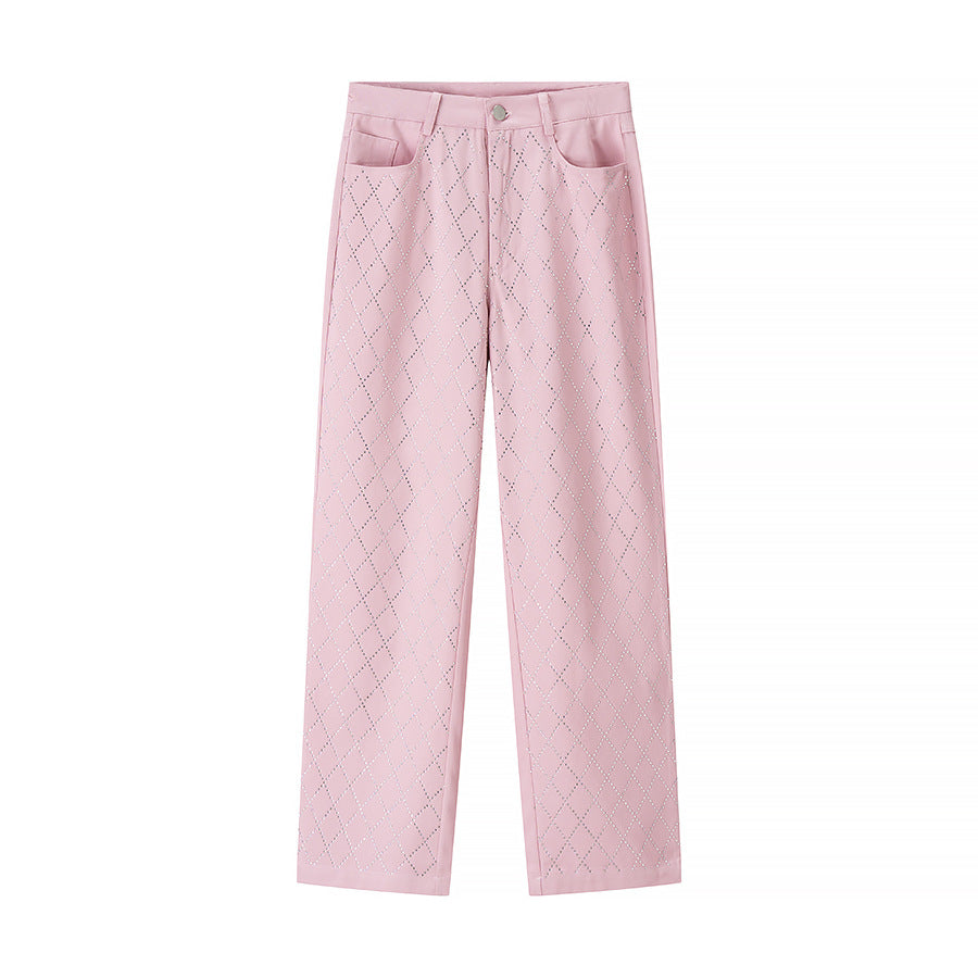 SUENTA Damen weite High-Waist-Hose mit Rautenmuster Bequeme Passform Pink