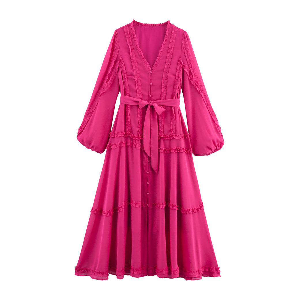 SUENTA Damen Zeitloses Maxikleid Mit Rüschendetails Und Taillengürtel Ärmeln Magenta