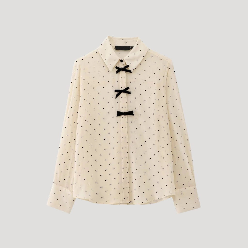SUENTA Damenbluse Mit Polka-Dots Und Schleife Langärmeliges Chiffonhemd Beige