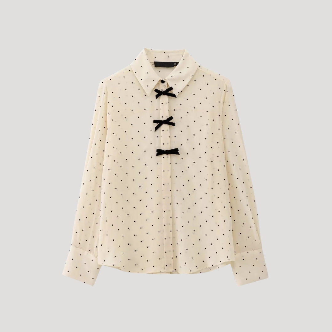 SUENTA Damenbluse Mit Polka-Dots Und Schleife Langärmeliges Chiffonhemd Beige
