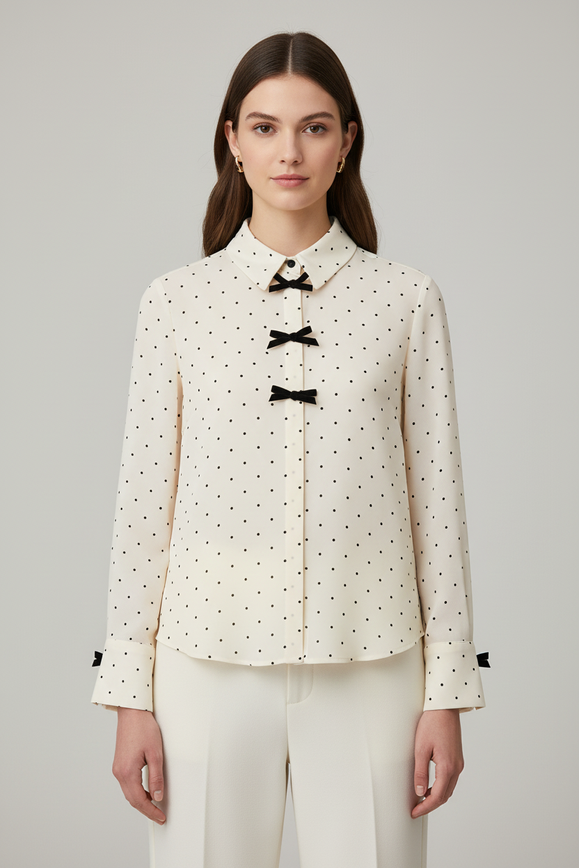 SUENTA Damenbluse Mit Polka-Dots Und Schleife Langärmeliges Chiffonhemd