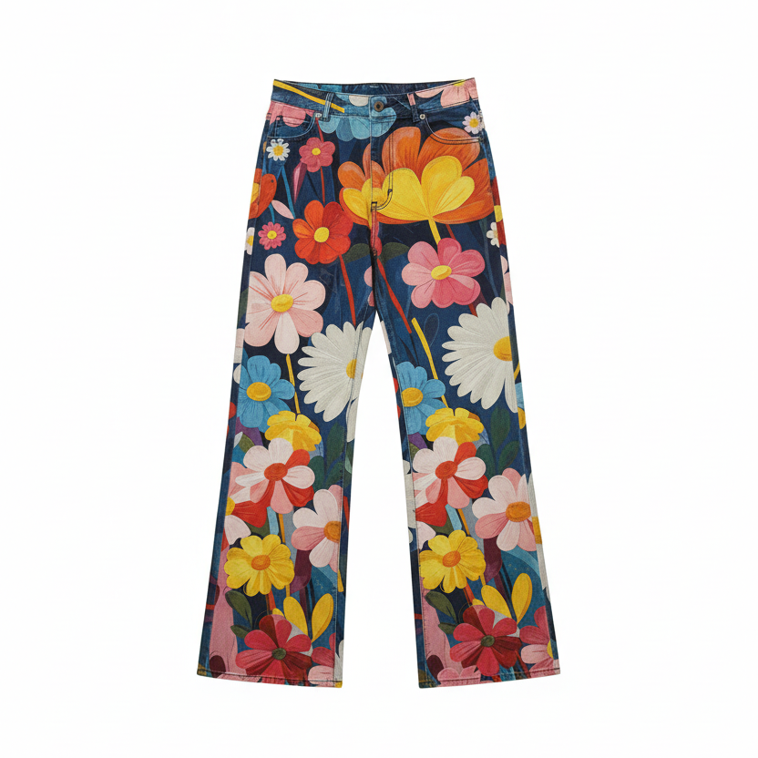 SUENTA Damenjeans – Hoher Bund – Weites Bein – Blumenmuster – Bequeme Passform