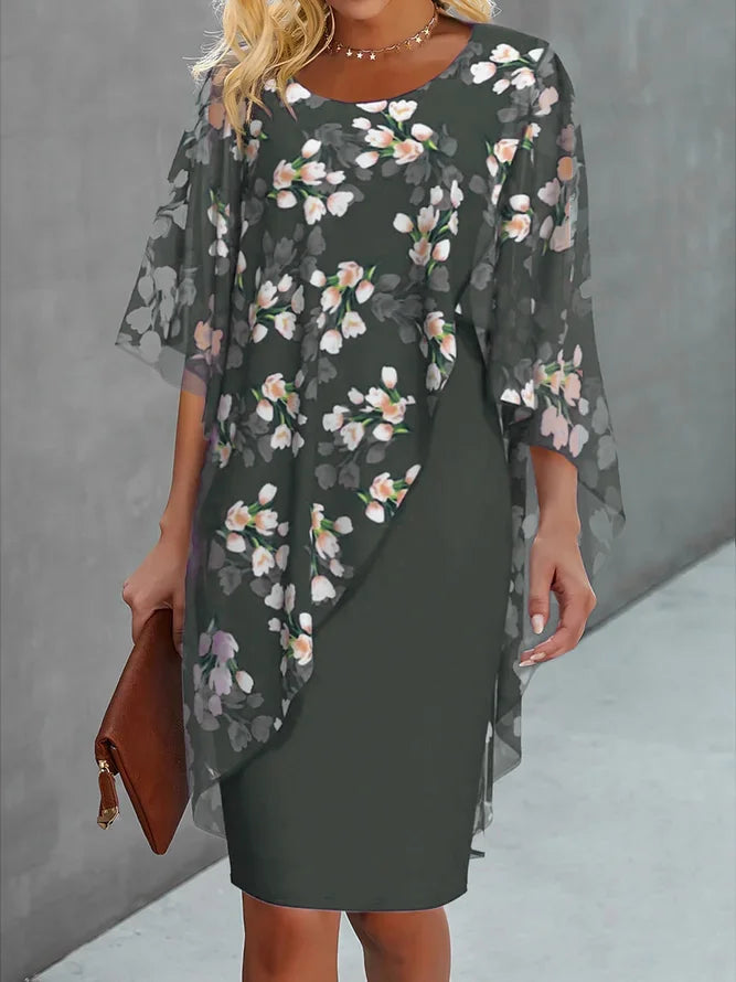 SUENTA Mechi | Damenkleid Hochzeitsgast mit Chiffoncape Blumenprint Oliv