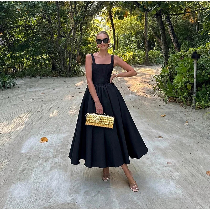 SUENTA Damenkleid Ärmellos A-Linien-Midikleid Eckiger Ausschnitt Weiß