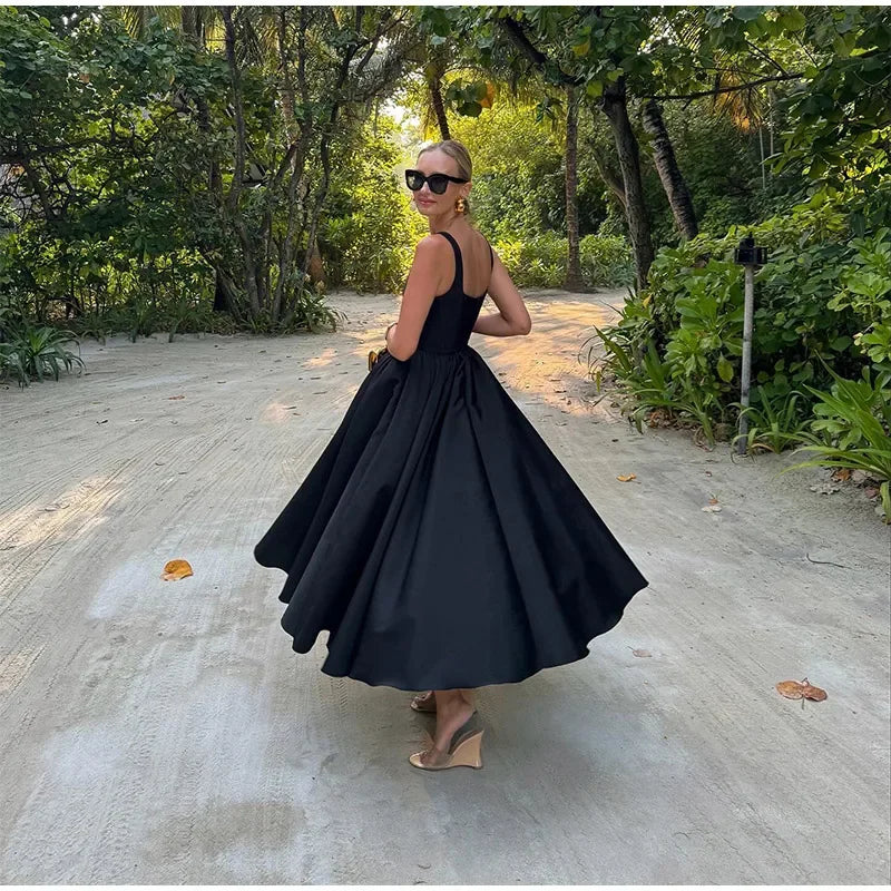 SUENTA Damenkleid Ärmellos A-Linien-Midikleid Eckiger Ausschnitt