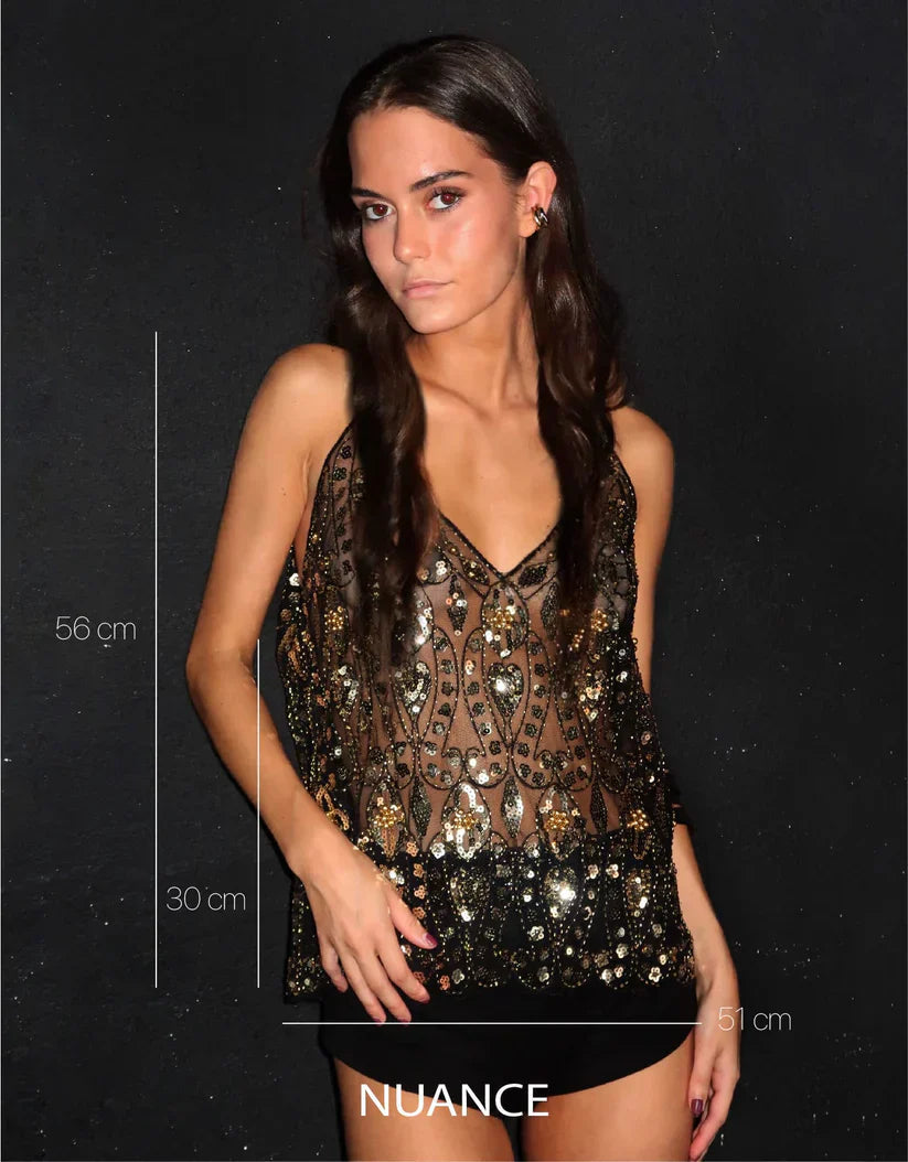 SUENTA Damen Paillettenoberteil Transparente Eleganz Ärmellosen Perlen