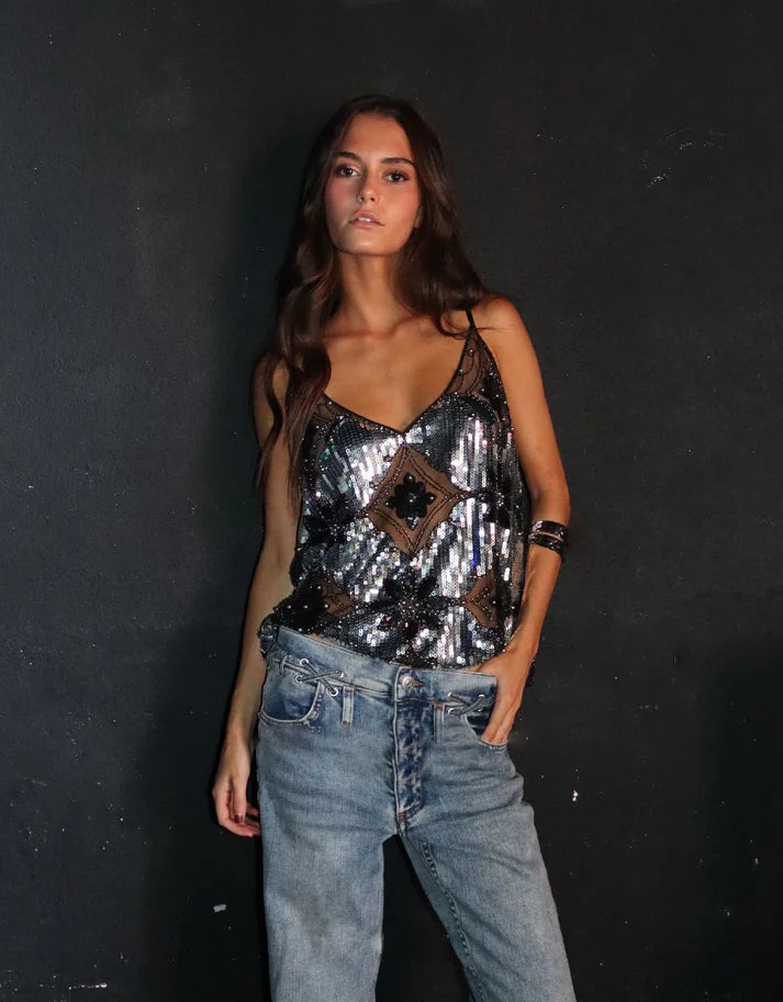 SUENTA Damen Paillettenoberteil Transparente Eleganz Ärmellosen Perlen