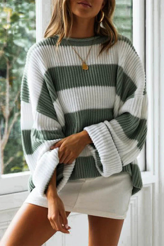 SUENTA Damenpullover Oversized-Passform Rippstrick Lange Ärmel Rundhalsausschnitt Grün