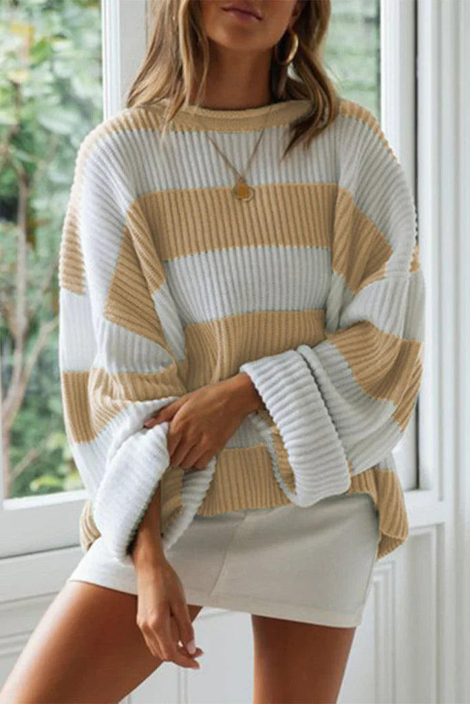 SUENTA Damenpullover Oversized-Passform Rippstrick Lange Ärmel Rundhalsausschnitt Khaki