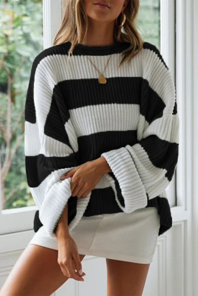SUENTA Damenpullover Oversized-Passform Rippstrick Lange Ärmel Rundhalsausschnitt Schwarz