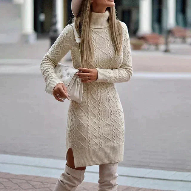 SUENTA Damen Stilvolles Strickkleid Für Den Winter Wärme Eleganz Beige