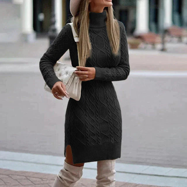 SUENTA Damen Stilvolles Strickkleid Für Den Winter Wärme Eleganz Schwarz