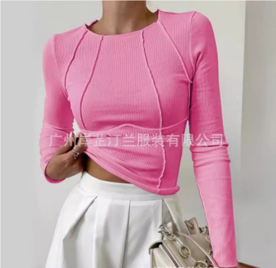 SUENTA Chāme | Damen-Oberteil mit Rundhalsausschnitt und Langen Ärmeln | Slim Fit Rosa
