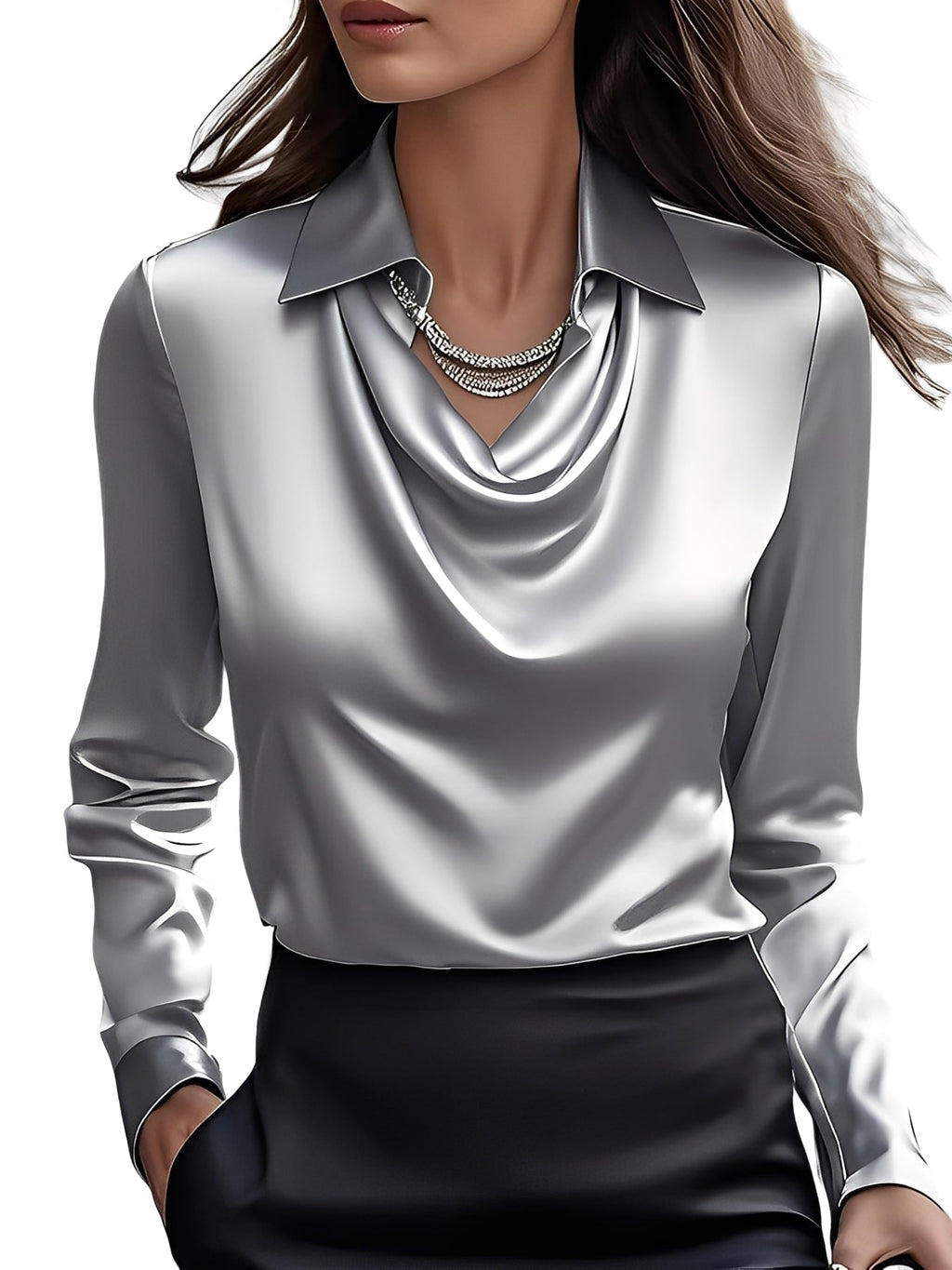 SUENTA Bonera | Damen Satinbluse – Hochwertiger Glanz, Lange Ärmel & Elegantes Design Silber