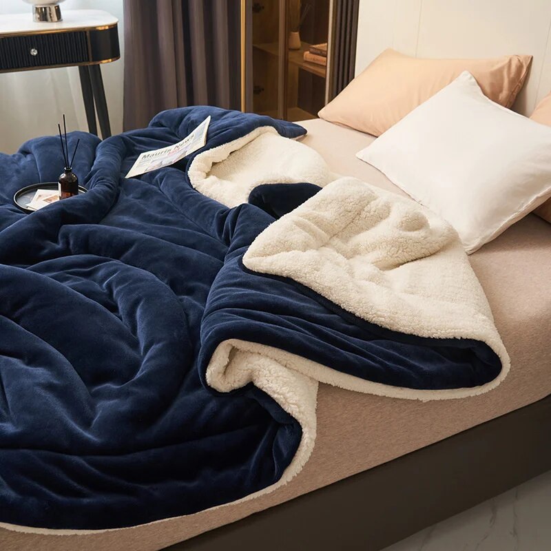 SUENTA Doppelseitige Wolldecke Für Sofa Und Bett Kuschelig Warm Marineblau