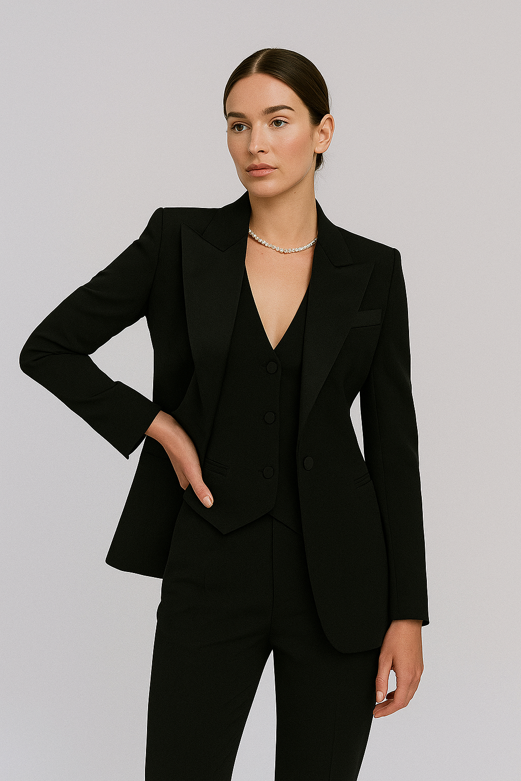 SUENTA Damen Dreiteiliger Damenanzug Taillierter Blazer Weste und schmal geschnittene Hose Schwarz