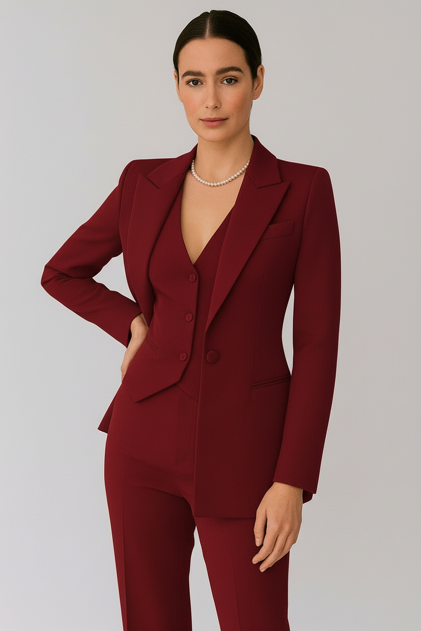 SUENTA Damen Dreiteiliger Damenanzug Taillierter Blazer Weste und schmal geschnittene Hose Rot