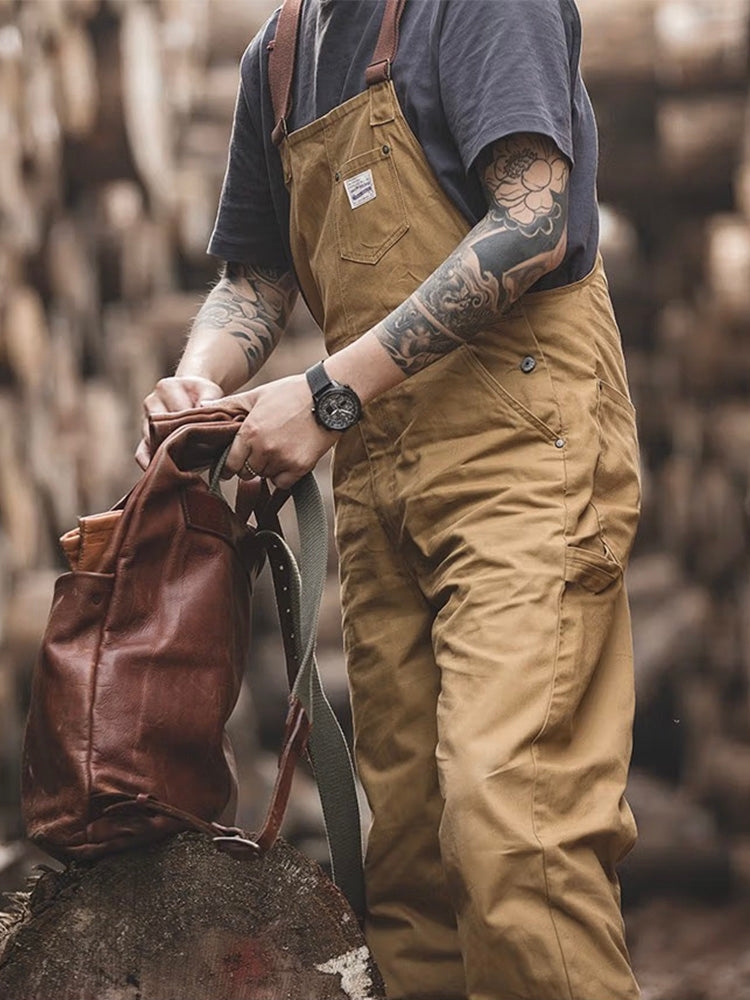 SUENTA Herren Enten-Latzhose Braune Canvas Overall Verstellträger