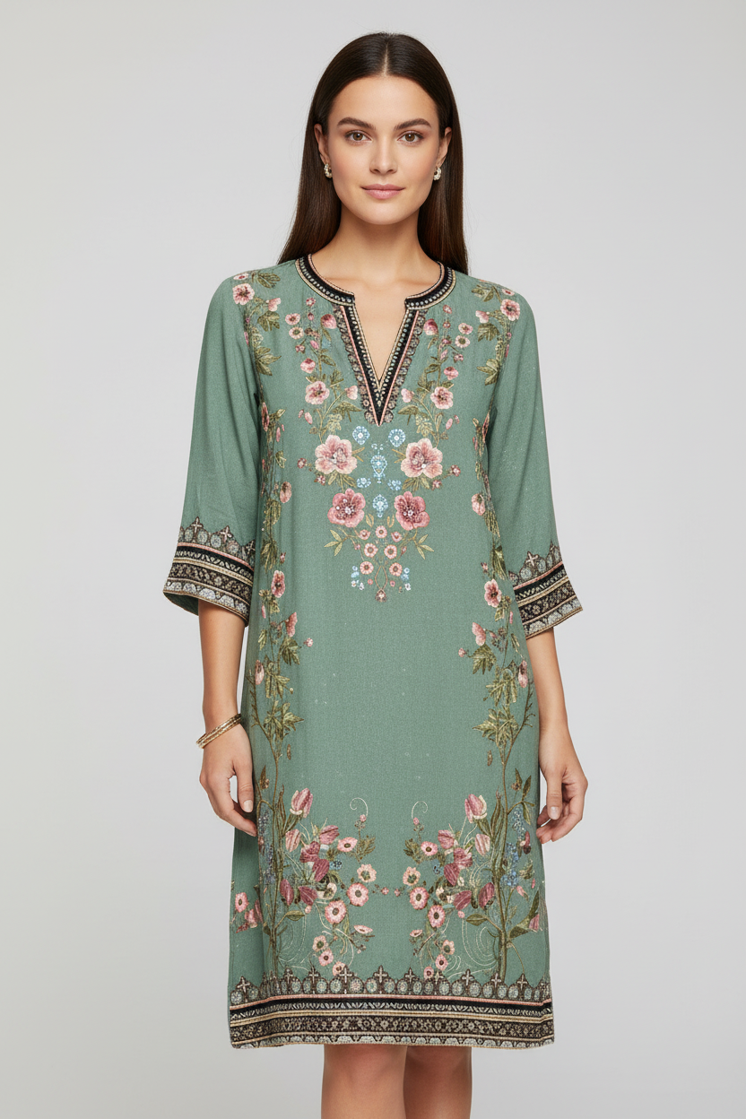 SUENTA Rogue | Damen Midikleid – Kurzarm-Design, Florales Muster & Eleganter V-Ausschnitt