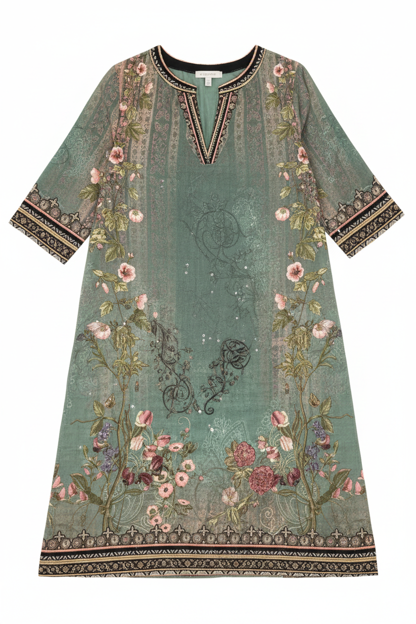 SUENTA Rogue | Damen Midikleid – Kurzarm-Design, Florales Muster & Eleganter V-Ausschnitt